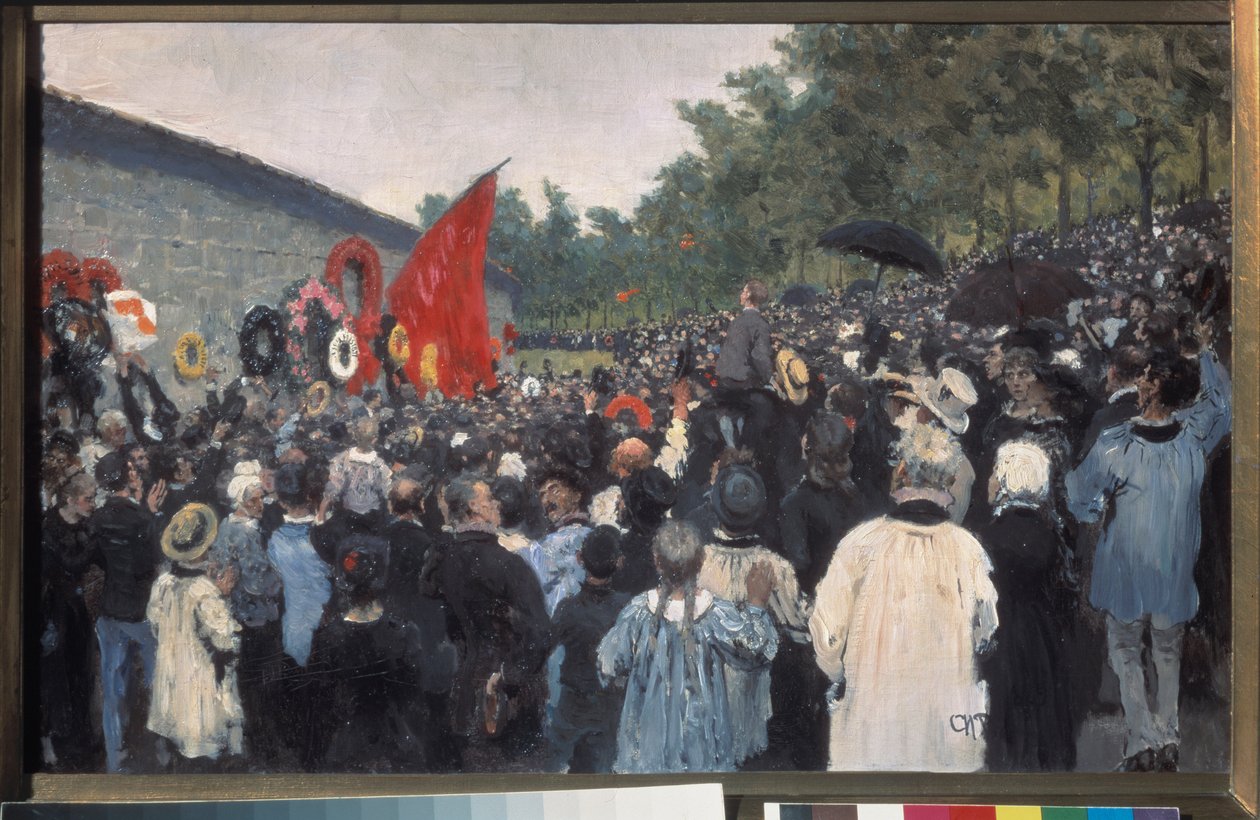 Az éves összejövetel a párizsi Pere Lachaise temetőben. (A Szövetségi Fal előtt, amely előtt 1871-ben lelőtték a Kommün harcosait, amely azóta a szabadságharc és a forradalmi eszmék szimbóluma). Festett alkotó: Ilya Efimovich Repin