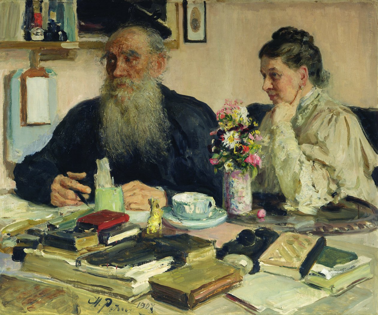 Lev Tolsztoj feleségével Jasznaja Poljanában, 1907 alkotó: Ilya Efimovich Repin
