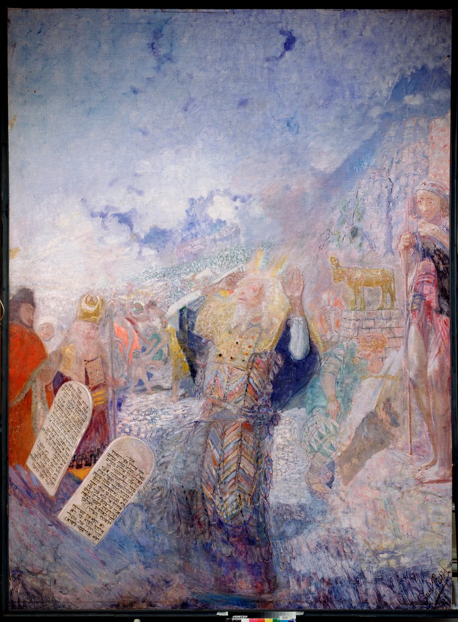 Mózes és a Tízparancsolat. Mögötte az Aranyborjú. Jurij Iljics Repin (Youri Repin) (1877-1954) festménye, olaj, vászon, 1930 körül. Orosz művészet, XX. század, modern művészet. I. Repin Emlékmúzeum Penates, Szentpétervár. alkotó: Ilya Efimovich Repin