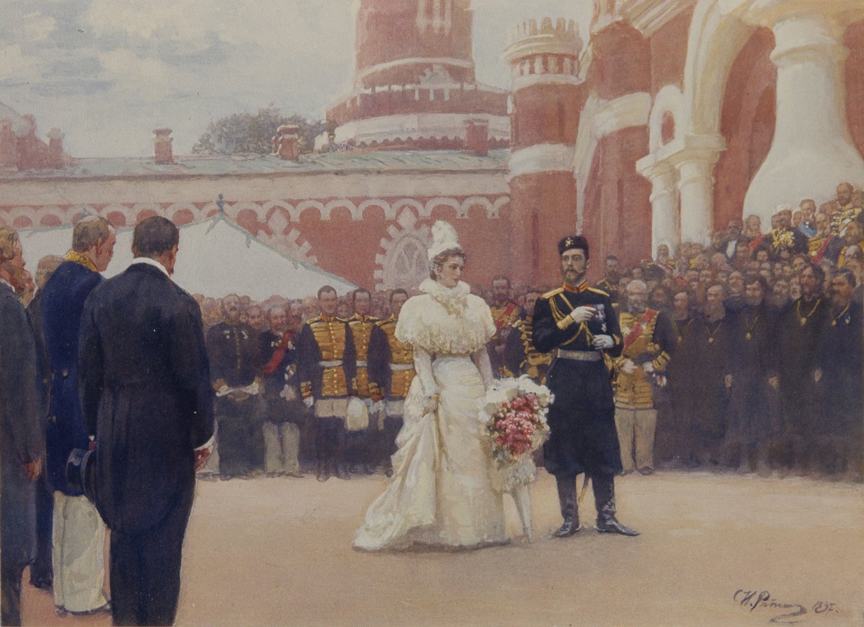II. Miklós fogadta a vidéki körzet véneit 1896. május 18-án a moszkvai Petrovszkij-palota udvarán, 1897. alkotó: Ilya Efimovich Repin