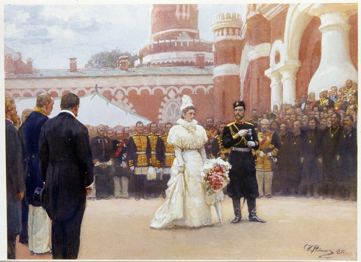 II. Miklós (1868-1918) és felesége, Alekszandra Fedorovna (vagy Alexandra Fedorovna) (1872-1918) fogadták a vidéki kerület véneit 1896. május 18-án a moszkvai Petrovszkij-palota udvarán. (II. Miklós fogadja a vidéki körzet véneit május 18-án alkotó: Ilya Efimovich Repin