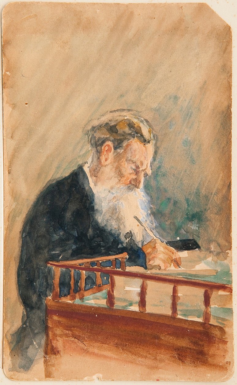 A szerző portréja, Leo N Tolsztoj (Leo N Tolsztoj szerző portréja) - Ilja Jefimovics Repin (Ilia Repin) (1844-1930) munkája, akvarell papíron (16x10 cm), 1900 körül, orosz művészet, XX. század - Magánélet Gyűjtemény alkotó: Ilya Efimovich Repin