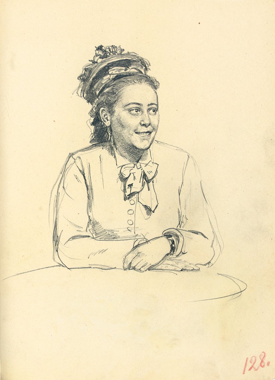 Tanulmány az "Egy párizsi kávézóhoz": Ülő nő íjjal és összekulcsolt kézzel, c. 1872-1875 alkotó: Ilya Efimovich Repin