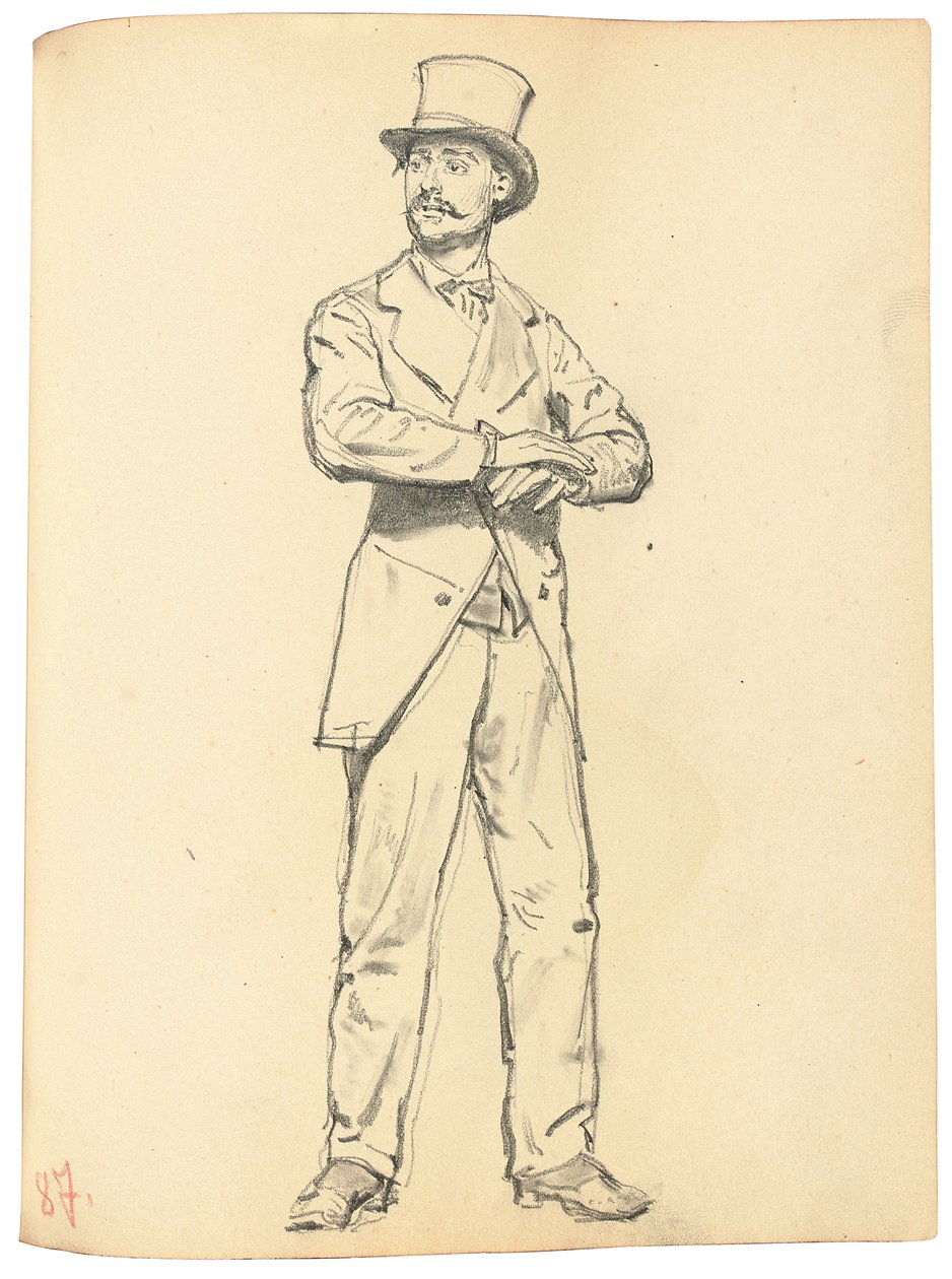 Tanulmány az "Egy párizsi kávézóhoz": Álló férfi kalappal, szét a lábakkal, c. 1872-1875 alkotó: Ilya Efimovich Repin