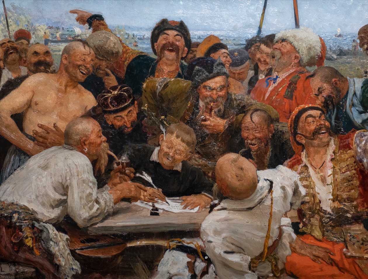 A ZAPOROGAI KOSZÁKOK LEVELET ÍRNAK TÖRÖKORSZÁG SZULTÁNJÁNAK alkotó: Ilya Efimovich Repin