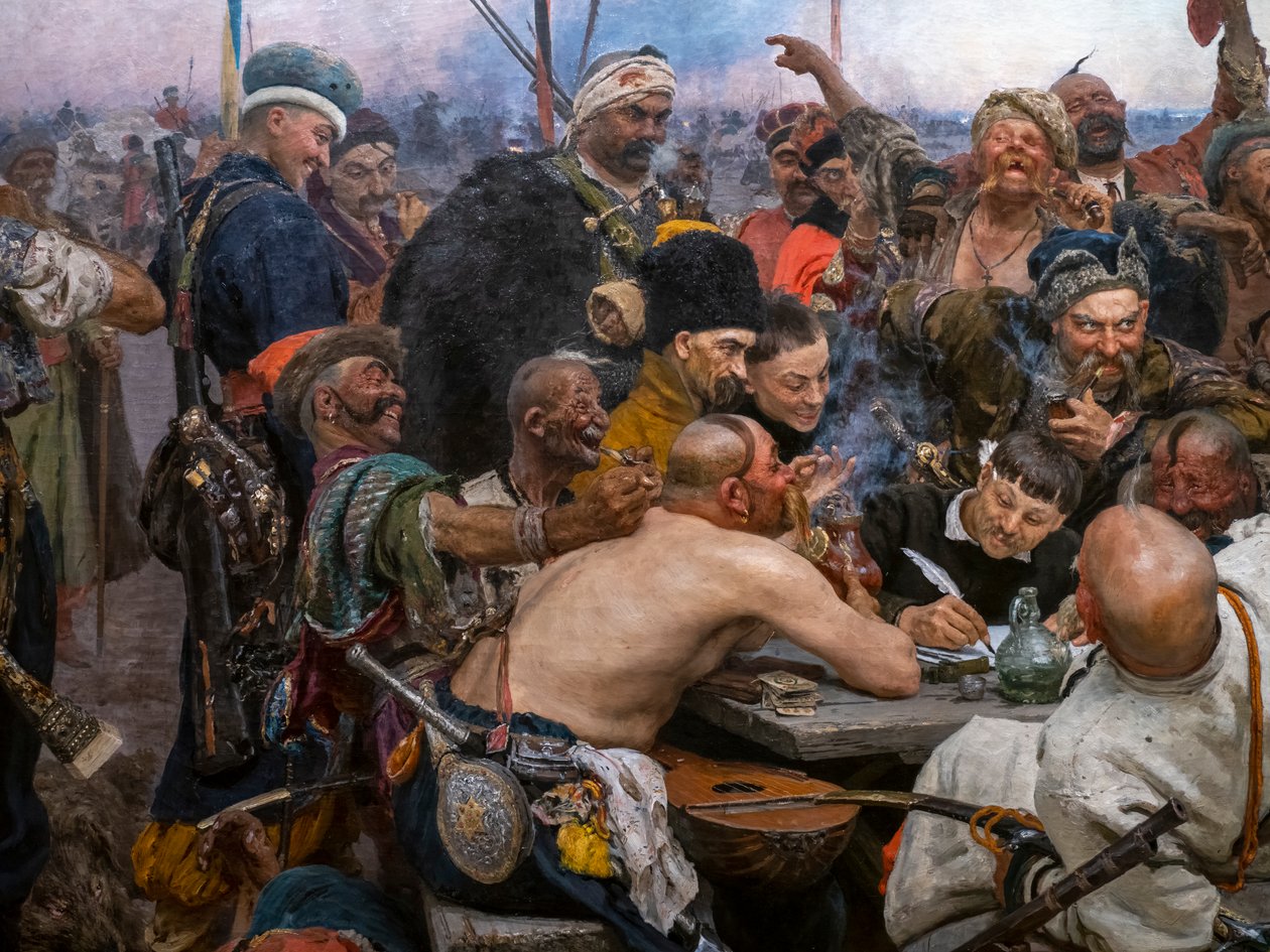 A ZAPOROGAI KOSZÁKOK LEVELET ÍRNAK TÖRÖKORSZÁG SZULTÁNJÁNAK alkotó: Ilya Efimovich Repin