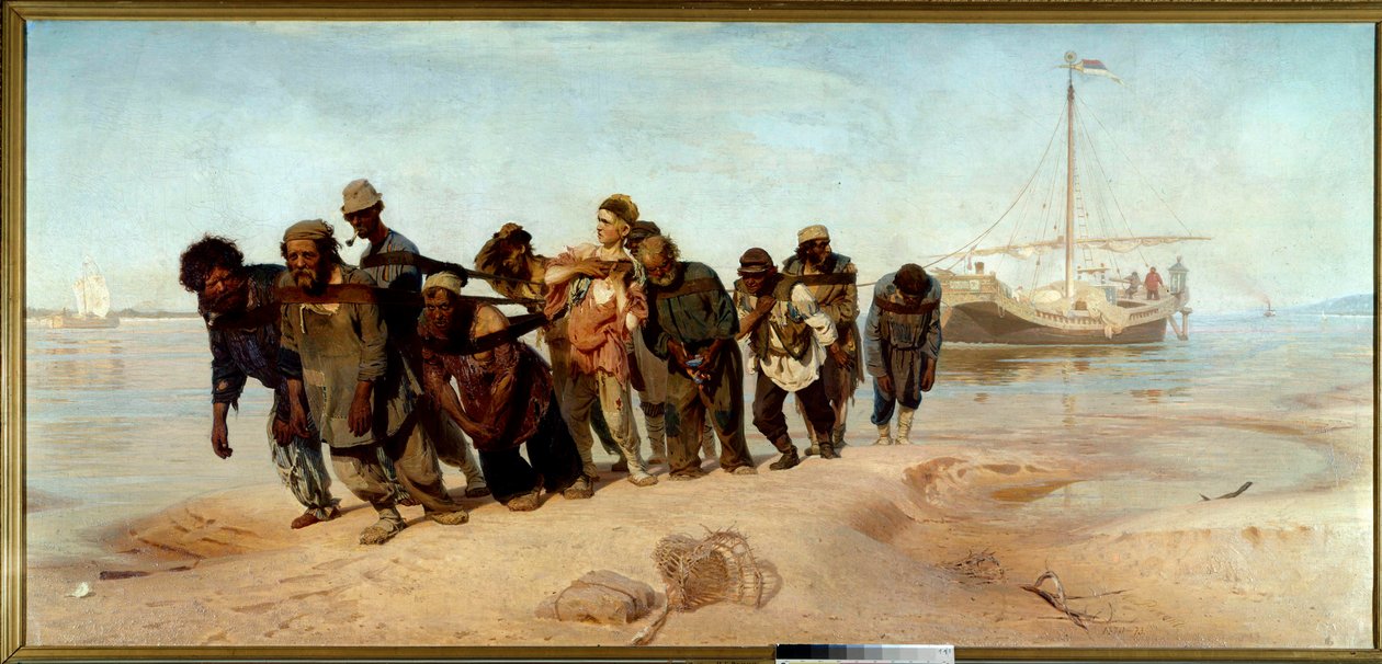 A Volgai csónakosok Férfiak (fuvarosok) csónakot rajzolnak a vízből Oroszországban - Ilia (Ilja) Repine (1844-1930) festménye, olaj, vászon alkotó: Ilya Efimovich Repin