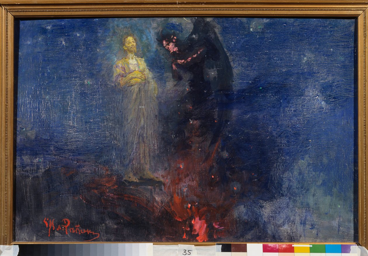 Menj el, Sátán! (Menj innen, Sátán!). (Jézus Krisztus taszítja az ördögöt, éjszakai tájon). Ilja Repin (Ilia Repin) (1844-1930) festménye, olaj, vászon, 1850 után. Orosz művészet alkotó: Ilya Efimovich Repin