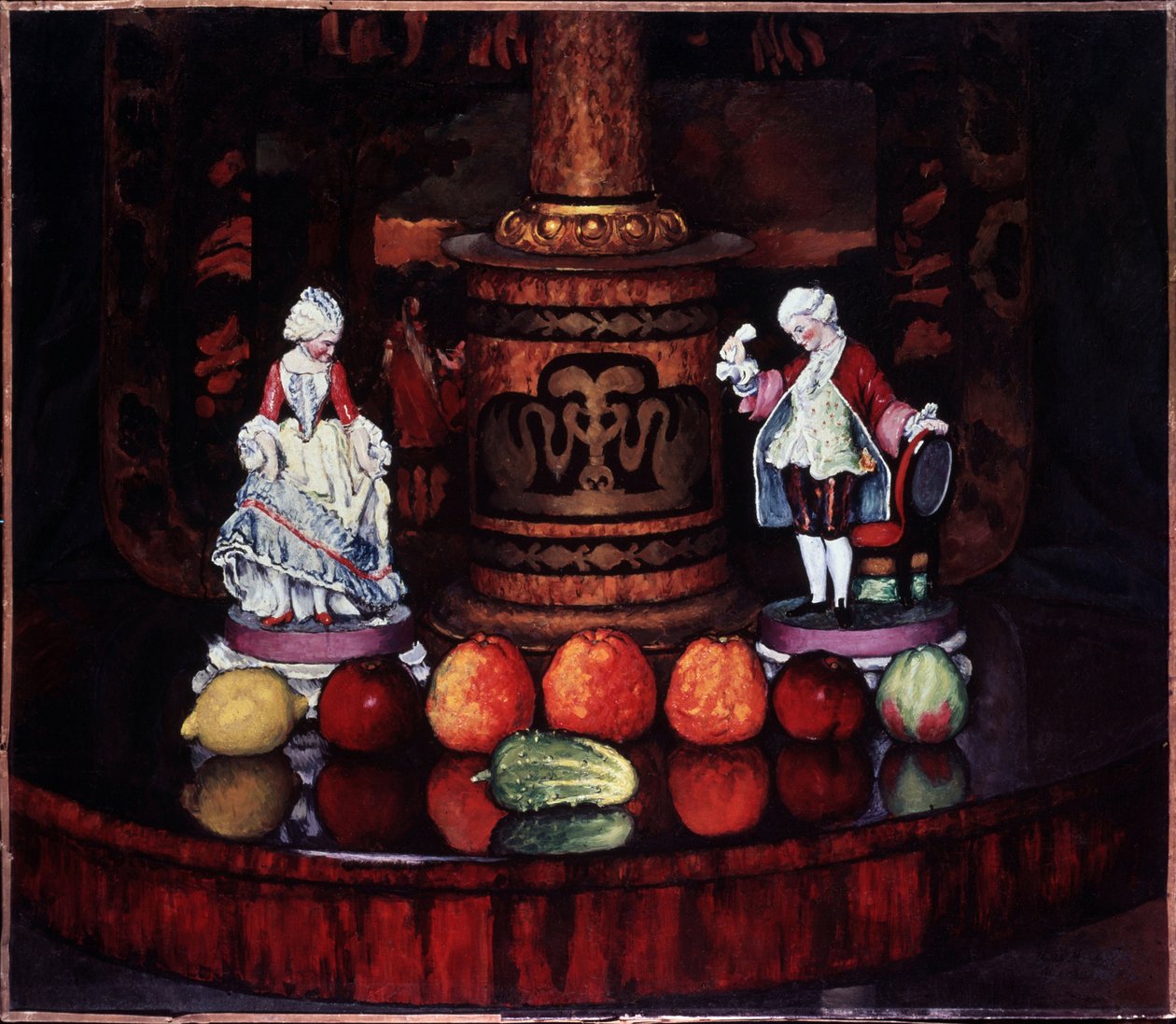 Csendélet porcelán szobrocskákkal. (Csendélet porcelánfigurákkal). Ilja Ivanovics Mashkov (Ilia Mashkov, Matchkov) festménye (1881-1944), olaj, vászon alkotó: Ilya Ivanovich Mashkov