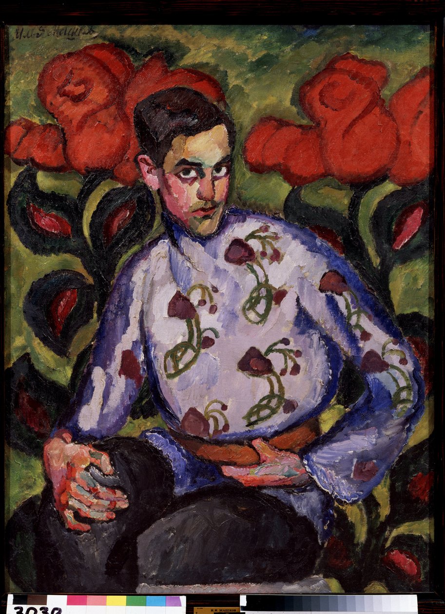 Portréja Egy Fiú Egy Ingben Virágokkal. Ilja Ivanovics Mashkov (Ilia Mashkov, Matchkov) festménye (1881-1944), olaj, vászon alkotó: Ilya Ivanovich Mashkov