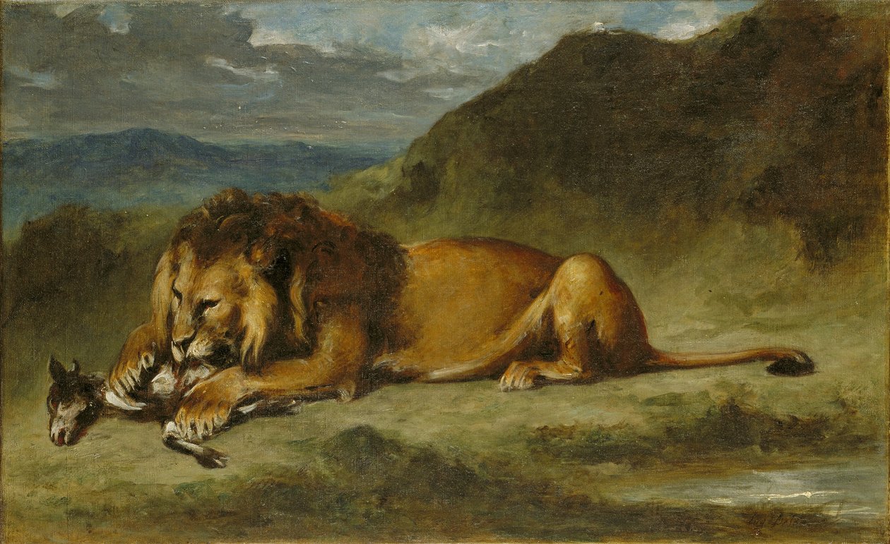 Oroszlán felfalja a kecskét alkotó: Imitator of Eugène Delacroix