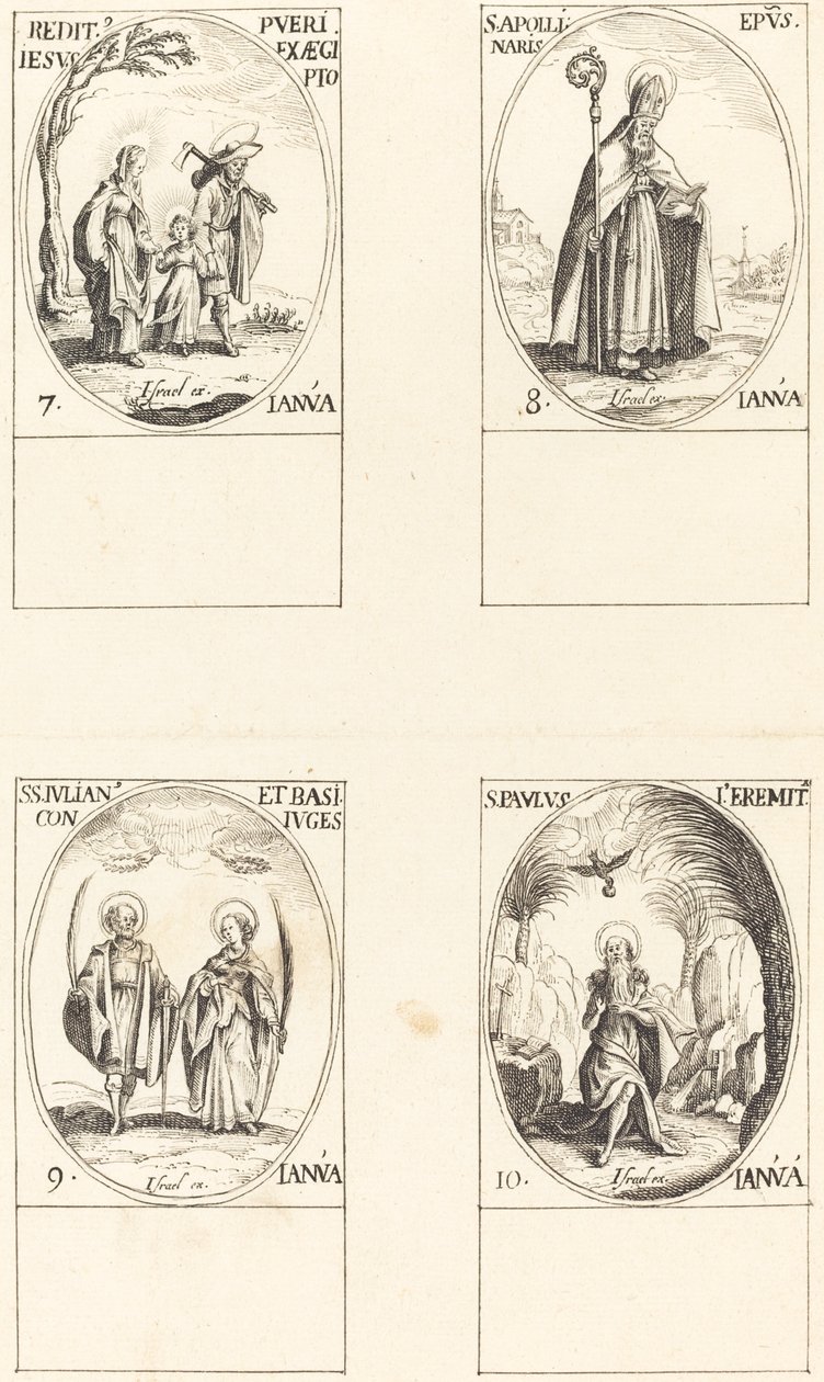 Visszatérés Egyiptomból; St. Apollinaire; Szent Julián és Bazilissa; Remete Szent Pál alkotó: Imitator of Jacques Callot