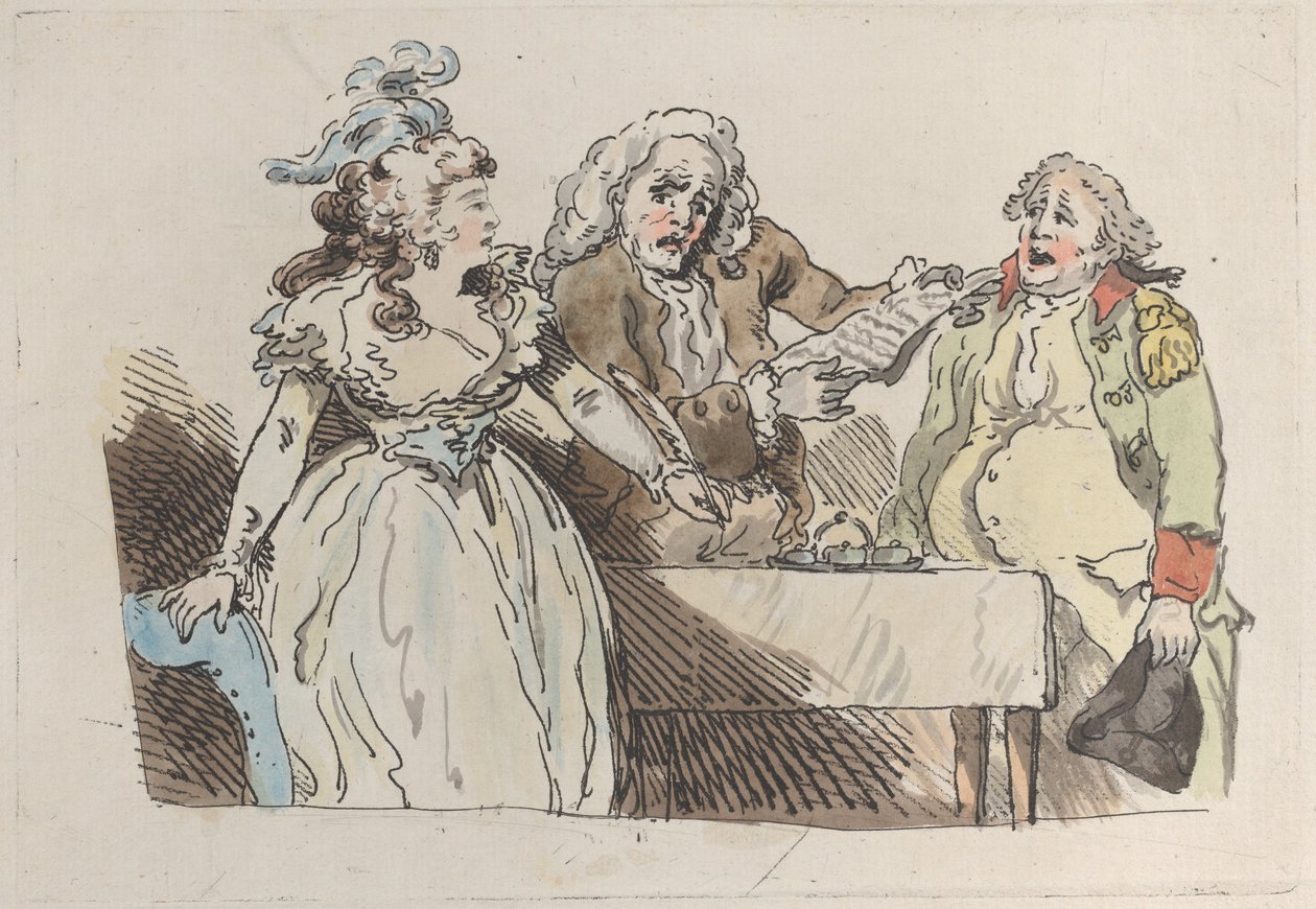 Egy fiatal nő örökösnő dokumentum aláírására készül, 1780-1800., 1780-1800. alkotó: Imitator of Thomas Rowlandson.