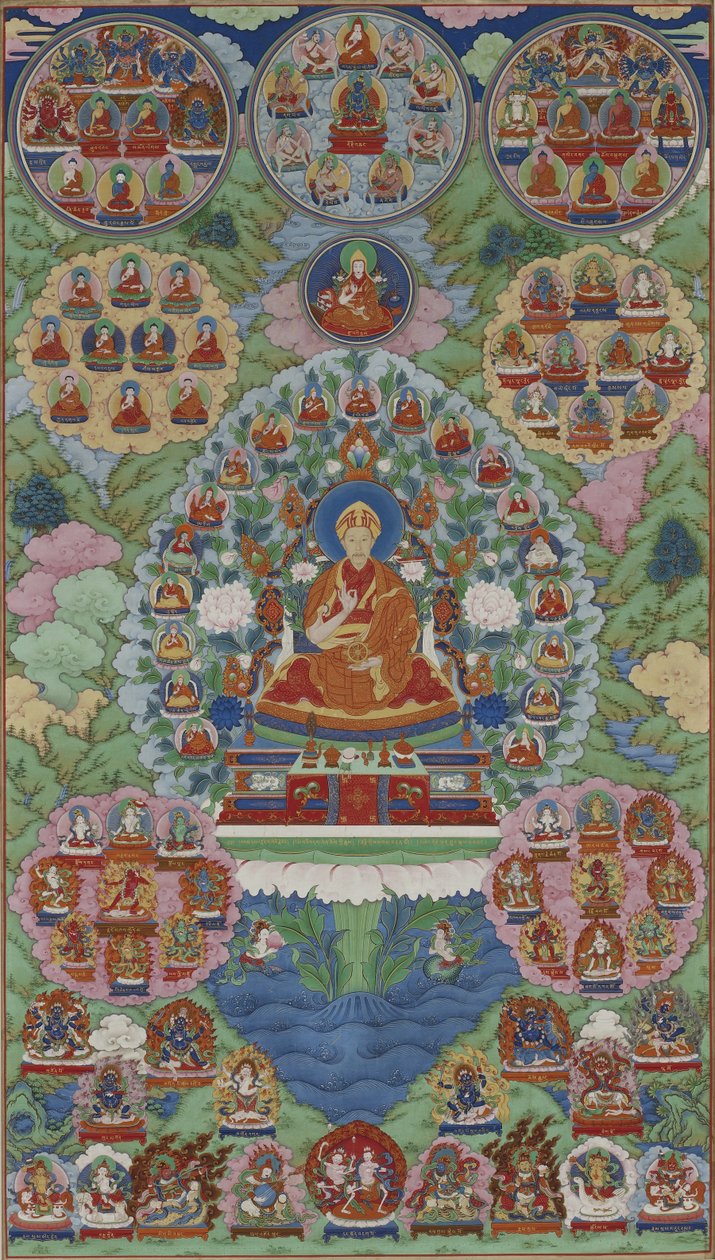 A Qianlong császár mint Manjusri, a Bölcsesség Bodhiszattva, Qing-dinasztia (tinta, szín és arany selyemen) alkotó: Imperial Workshop