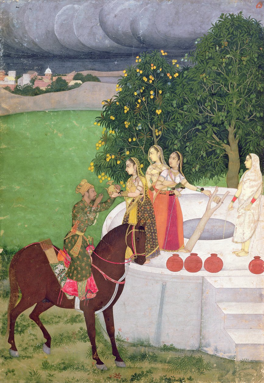 Egy herceg, aki vizet könyörög nőktől egy kútnál, Mogul, 1720 körül alkotó: Indian School