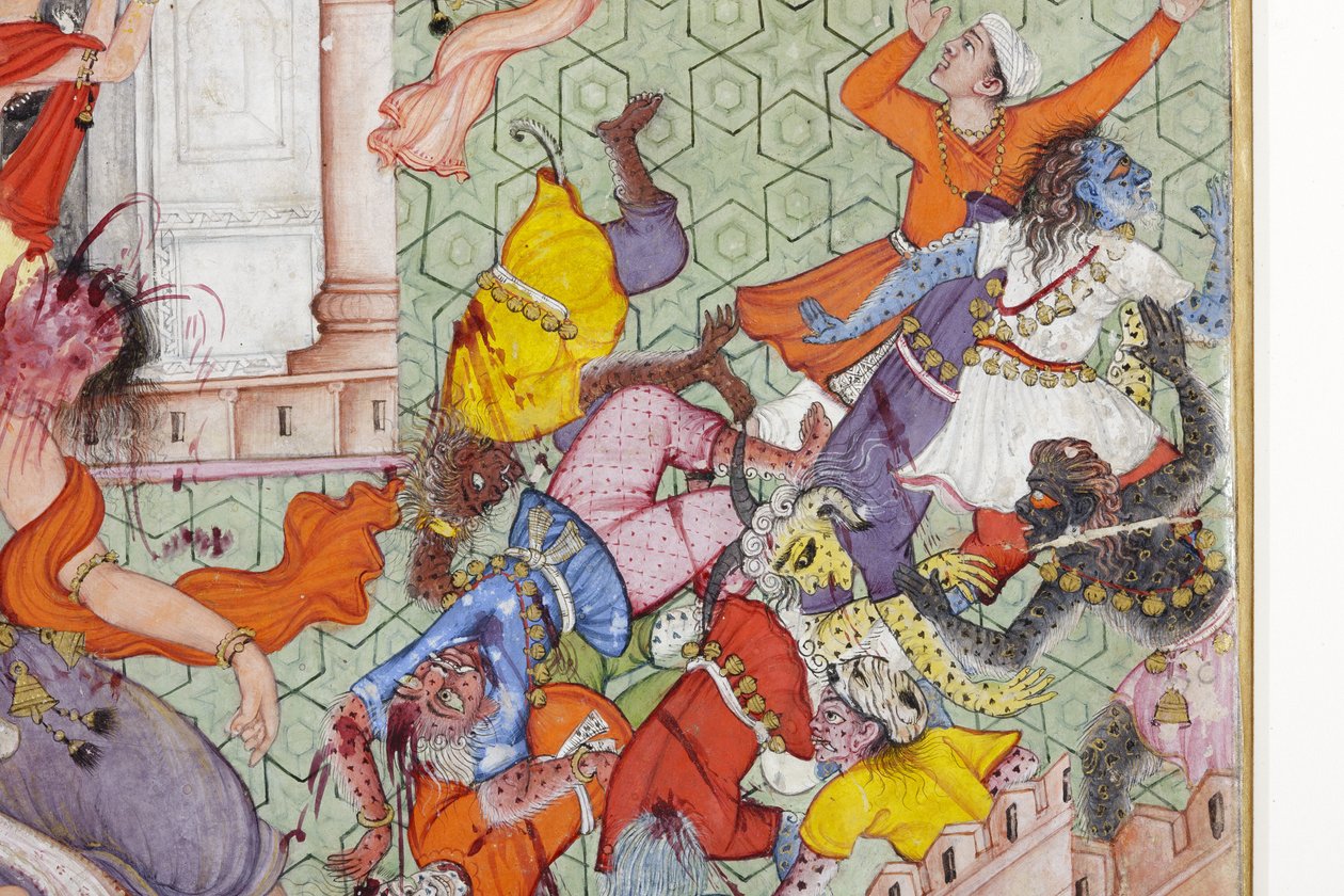 Részlet Krishna Cleaves the Demon Narakasura diszkoszával, 1585-90 körül (átlátszatlan wc és arany papíron) alkotó: Indian School