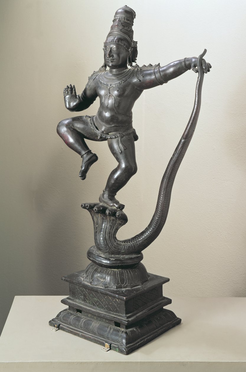 Krisna, mint a Kalilya kígyót legyőző fiú, Madras, 16-17. század (bronz) alkotó: Indian School