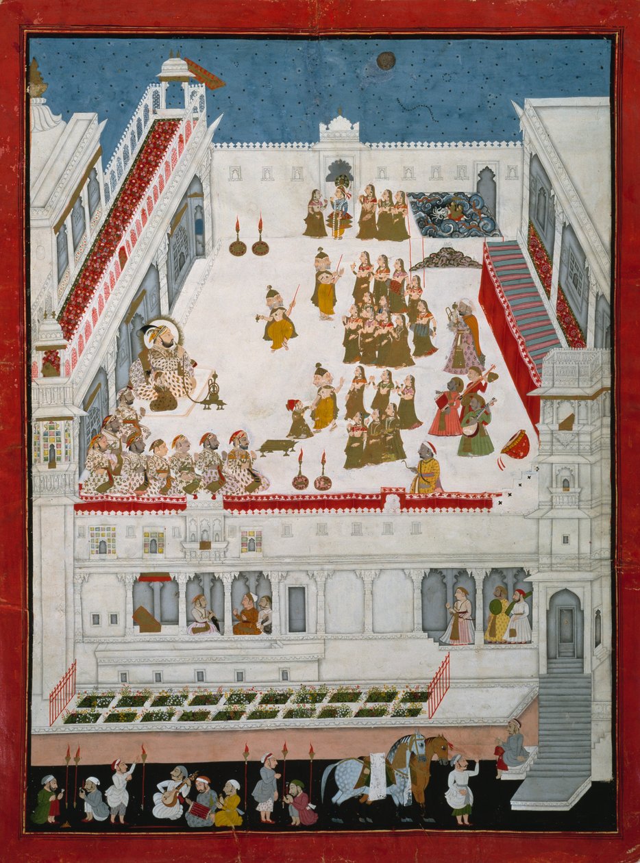 Maharana Jagat Singh II és nemesek nézik a Raslila táncdrámákat, 1736-40 körül (átlátszatlan wc és arany a papíron) alkotó: Indian School