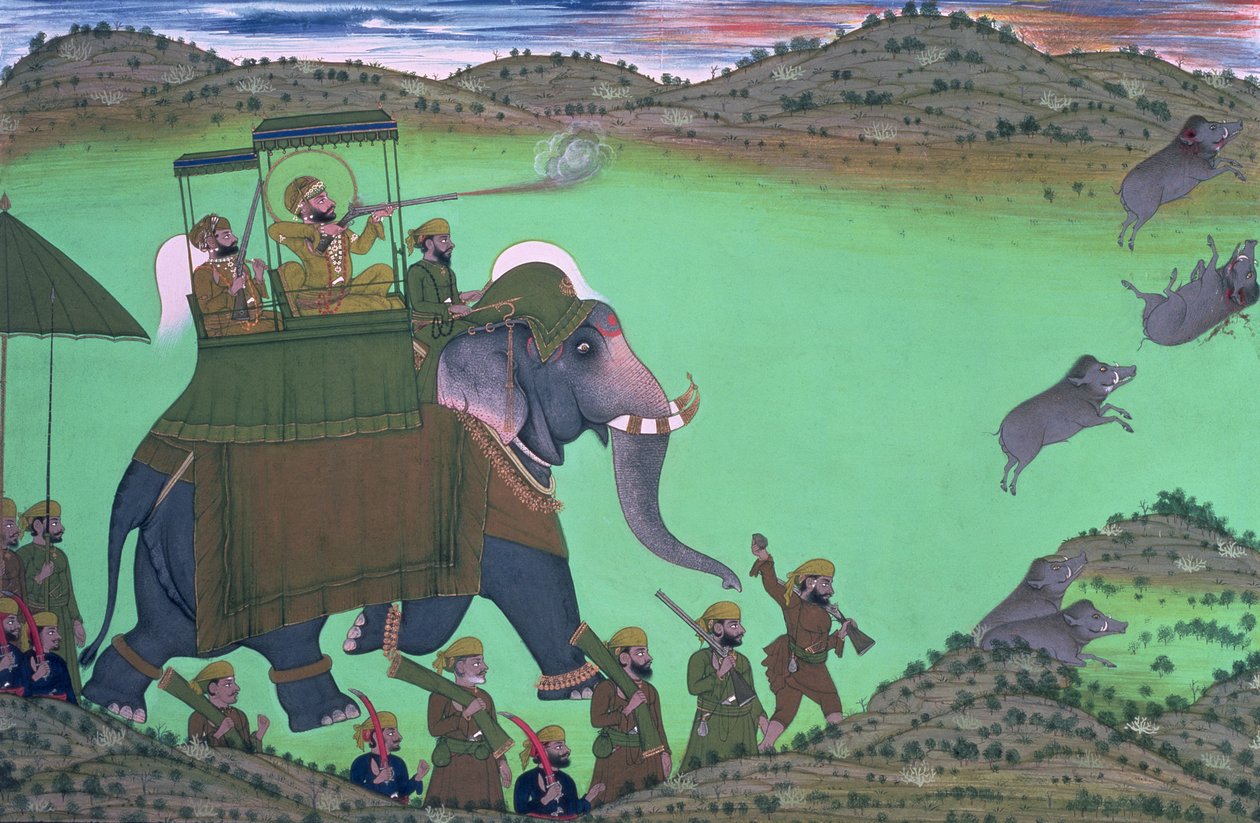 Maharana Sarup Singh, Udaipur lövöldözősdisznója Elephant-Backből, Rajasthan, 1855. alkotó: Indian School