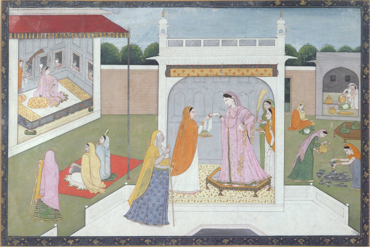 Palace Lady szobalányaival, Kangra, 1790 körül alkotó: Indian School
