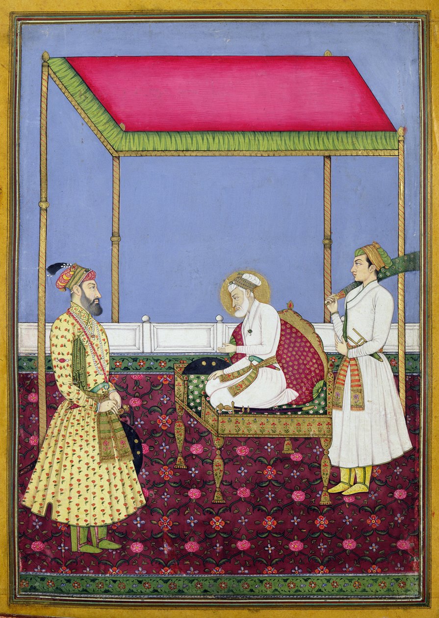 Aurangzeb császár idős korában trónon ülve, miniatűr egy Muraqqa albumból, tizennyolcadik század eleje (guache és aranylevél papíron) alkotó: Indian School