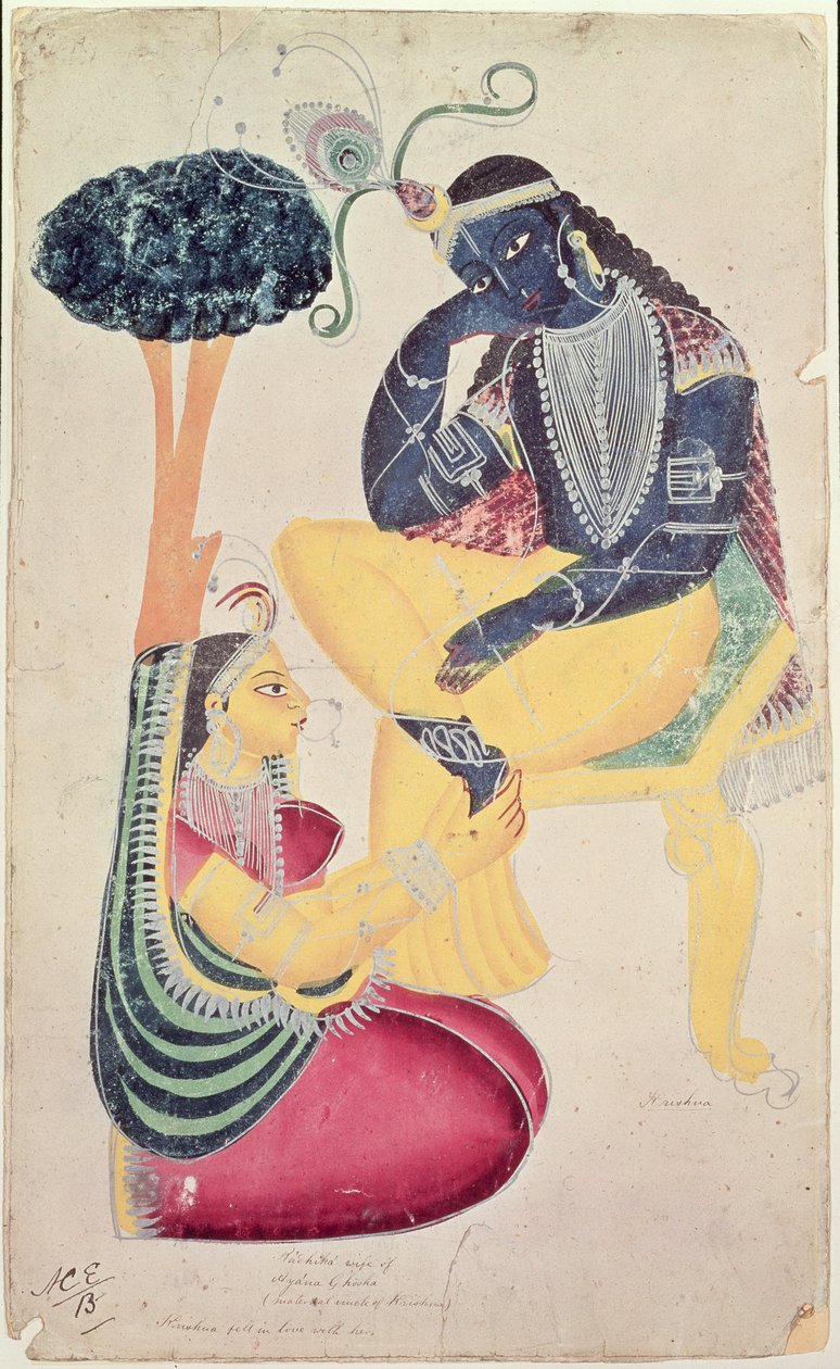 Krisna Isten halandó szerelmével, Radhával alkotó: Indian School