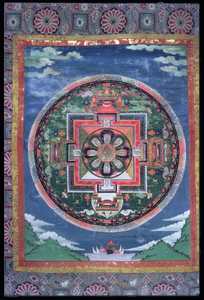Phyag-rdor (Varjrapani) misztikus köre és a nyolc kígyóistenség négy ajtónállóval, Mandala Vadzsrapani, 1849 körül (festett selyem és szövet) alkotó: Indian School