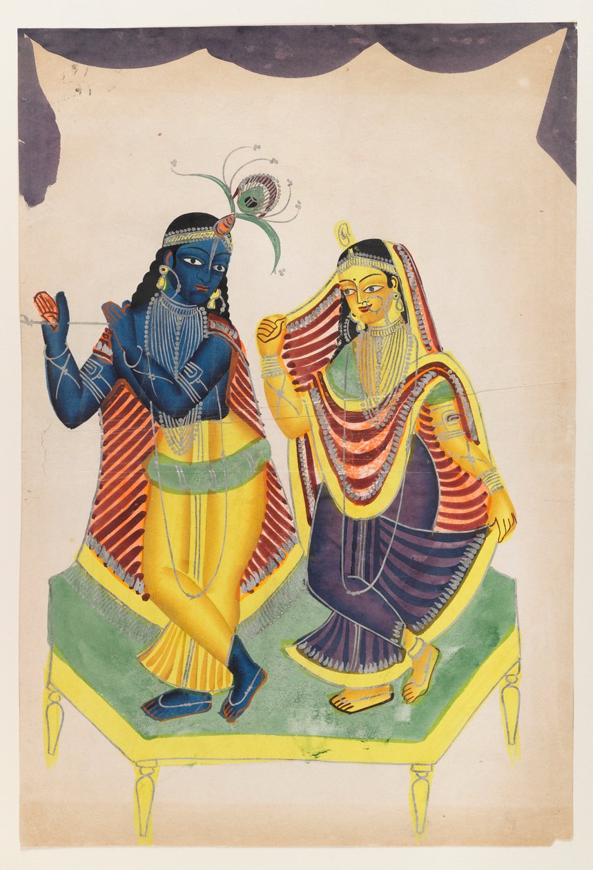 Krisna és Radha, 19. század vége – 20. század eleje (papíron lévő wc csiszolt ón ékezetesekkel) alkotó: Indian School