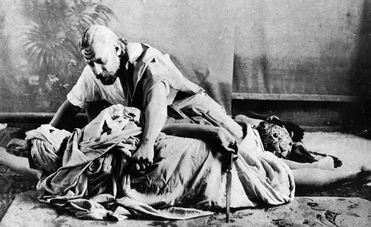 Rabindranath Tagore Raghupati szerepében a Sacrifice című darabjában, 1893 alkotó: Indian photographer