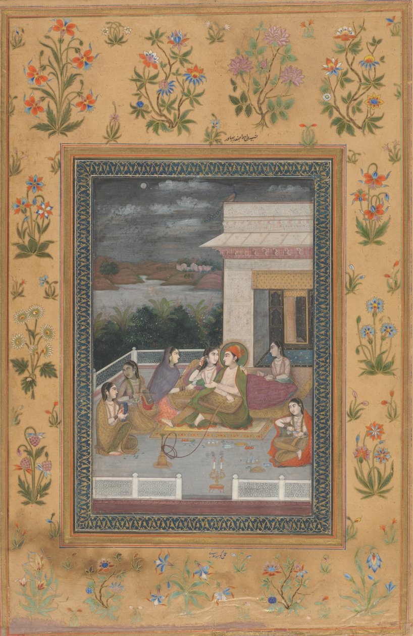 Egy pár a teraszon kísérőkkel és zenészekkel körülvéve alkotó: Indian 18th Century