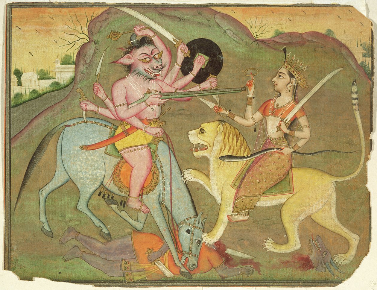 47.110/174 Durga harcban Mahishasurával, „Devi Mahatmya” fóliójából, Devanagari, Text on Rivers, Bikaner, Rajasthan, Rajput School alkotó: Indian School