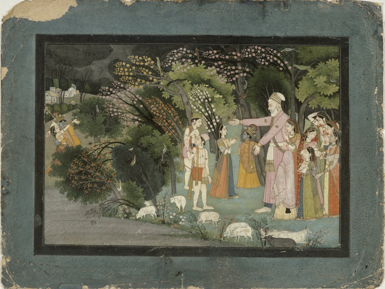 51.20728 Nanda arra kéri Radhát, hogy kísérje haza Krishnát a Gita Govinda, Garhwal, Pahari Iskolából, 1790 alkotó: Indian School