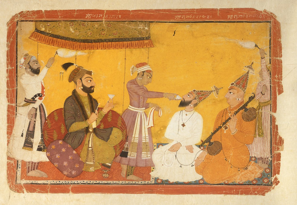 ]7.110359 Gosain Narayan mérget vesz Jahangir császár jelenlétében Nurpurban, Pahari Iskola, 1725 alkotó: Indian School