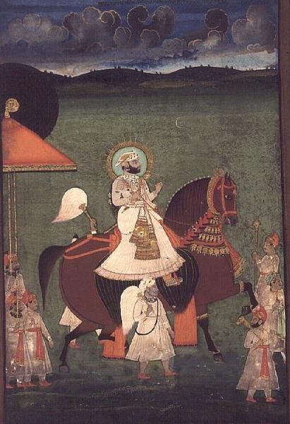 AS10 Album 43 no.4514 Kat. sz. 514 iii A mewari Rana Sarup Singh (1842-61) gesztenye ménen lovagol, gyalogtartói napernyőt és királyi felszerelést hordanak, Udaipur, 1855 körül alkotó: Indian School