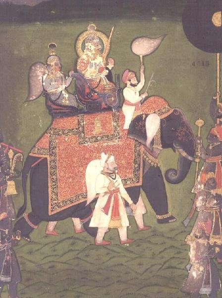 AS10 Album 43, no.4515 Rana Jawan Singh (1828-38) a Mewar lovaglás egy elefánttal, 1835 körül (átlátszatlan akvarell) alkotó: Indian School