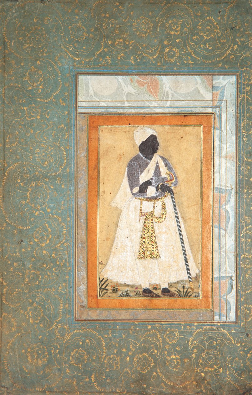 Egy fekete férfi hosszú botra támaszkodik, 1682 körül (átlátszatlan wc és arany papíron) alkotó: Indian School