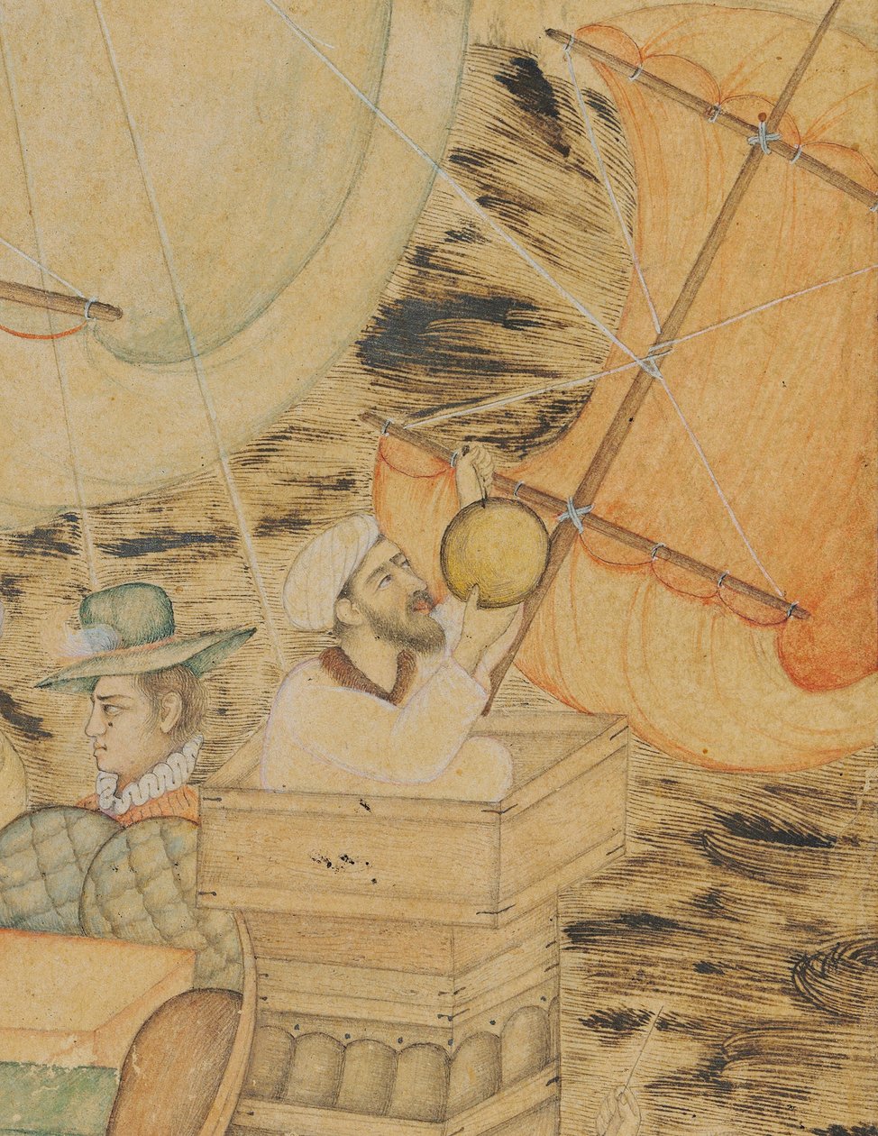 Tengeri szörnyeteg által megtámadt karavellla, Mogul India, 1590 körül (átlátszatlan pigmentek arannyal és ezüsttel megerősítve a papíron) alkotó: Indian School