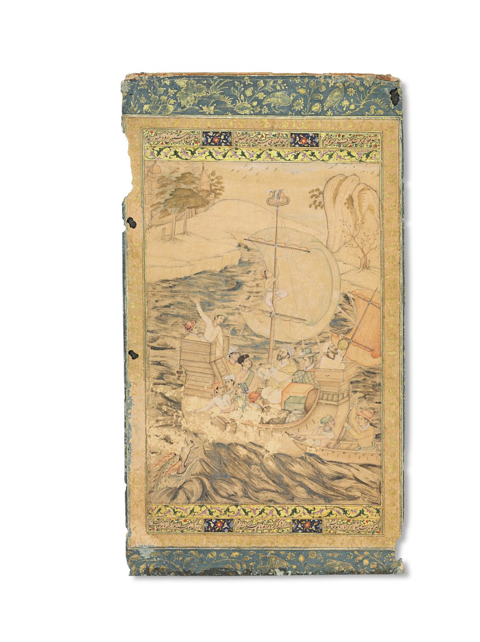 Tengeri szörnyeteg által megtámadt karavellla, Mogul India, 1590 körül (átlátszatlan pigmentek arannyal és ezüsttel megerősítve a papíron) alkotó: Indian School