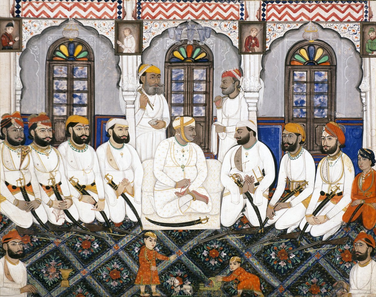 Egy jaipuri radzsa durbarba öltözve, istentiszteletre, 1845 körül (átlátszatlan wc és arany papíron) alkotó: Indian School
