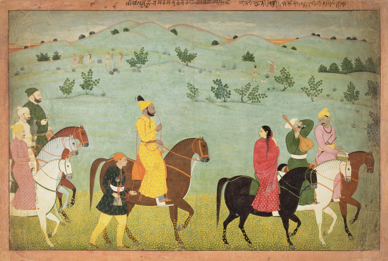 Egy jasrota herceg, valószínűleg Balwant Singh, egy lovas expedíción, Nainsukh (fl. 1740-50) Kasmírban, 1751 körül alkotó: Indian School