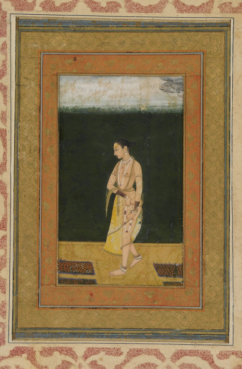 Egy hölgy sétál a kertben, Albumfólió festménnyel, 1730 körül alkotó: Indian School