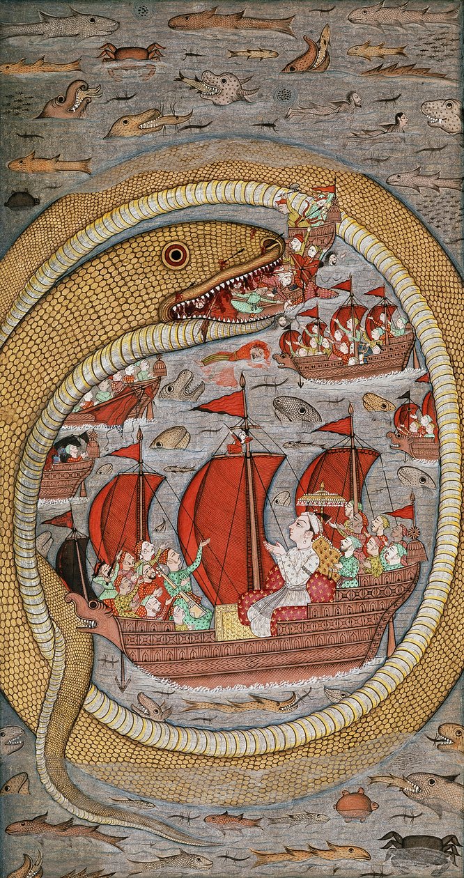 Egy szörnyű kígyó, amely felfalja a királyi flottát, 1670-1690 alkotó: Indian School