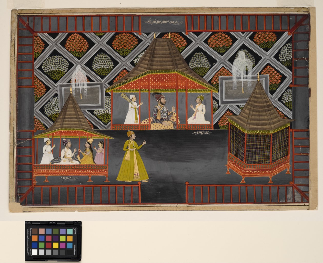 Egy Nawab és fiai egy kerti pavilonban, 1770 körül (átlátszatlan w/c, ezüst és arany papíron) alkotó: Indian School