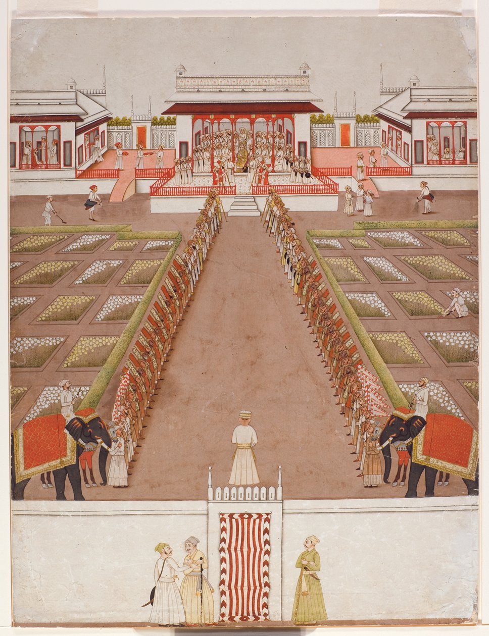 Egy Nawab-tartó udvar egy pavilonban, a fogók és két elefánt sugárúton túl, 1765 körül (átlátszatlan wc és arany papíron) alkotó: Indian School