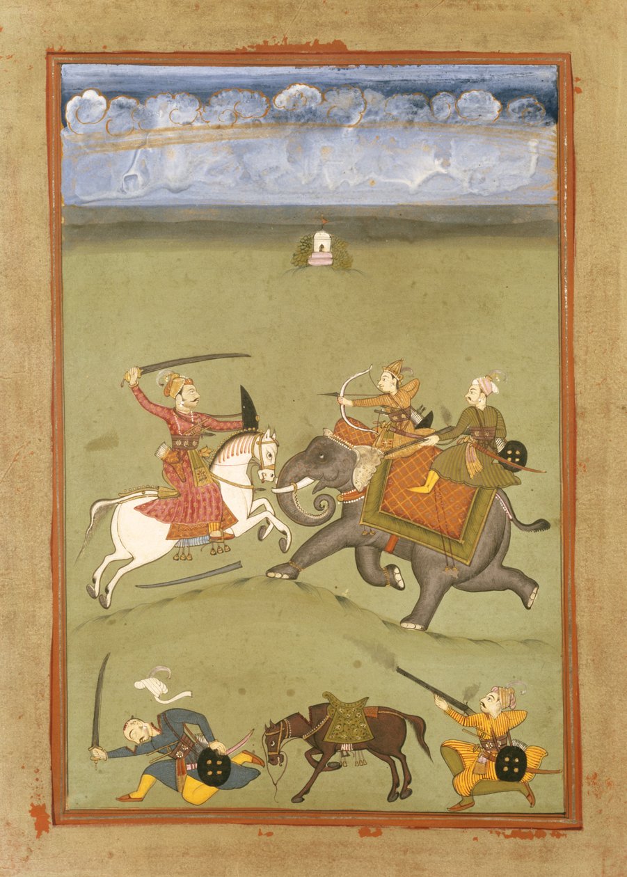 Egy herceg, aki elefánton harcol az ellenségei ellen, 1710 körül alkotó: Indian School
