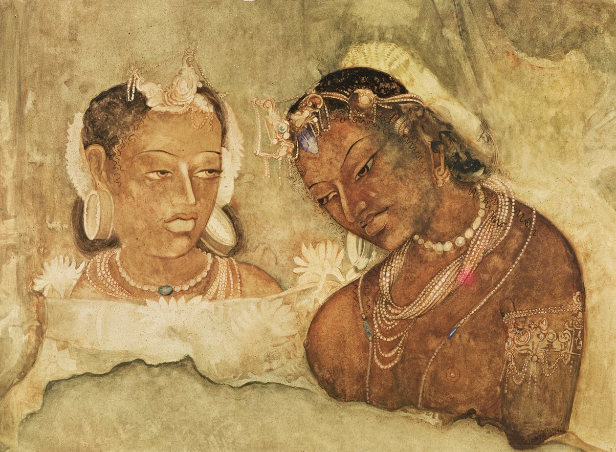 Egy hercegnő és szolgája, az indiai Ajanta-barlangok freskójának másolata alkotó: Indian School