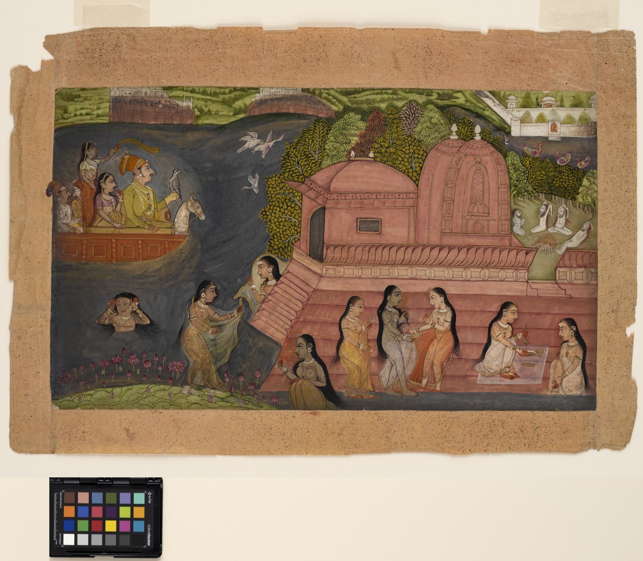 Csónakból egy Raja sólyom a templom mellett fürdőző szépségekre bukkan, 1695 körül (átlátszatlan akvarell és arany papíron) alkotó: Indian School