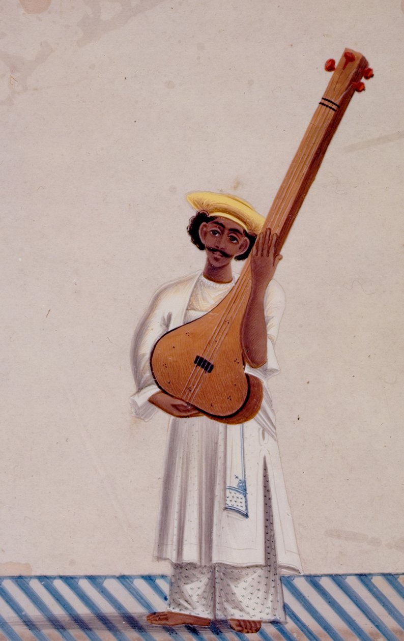 Tambura lejátszó, 1830 körül (gouache csillámon) alkotó: Indian School