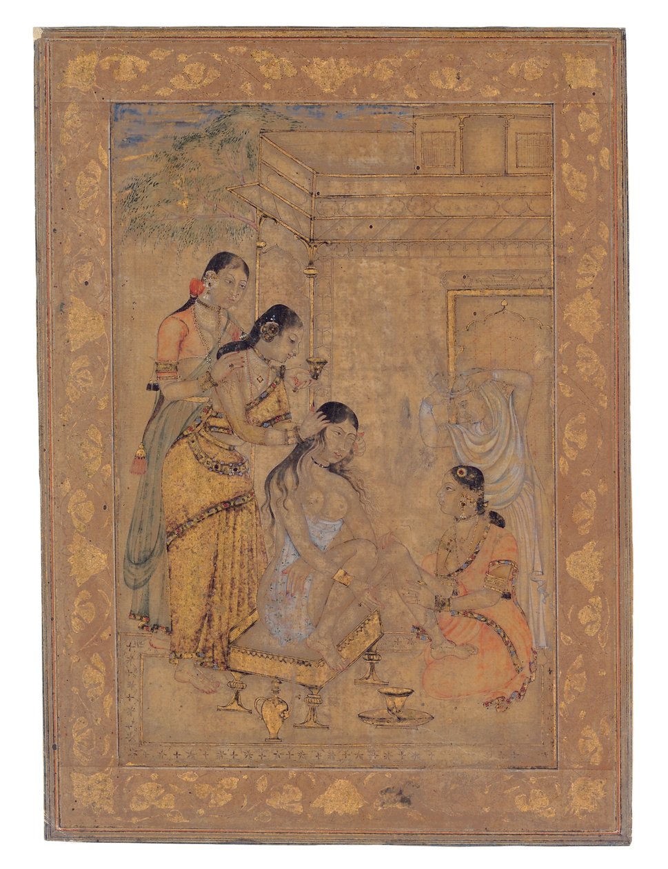 A Young Womans Toilette, 1675-1700 (átlátszatlan wc és arany papíron) alkotó: Indian School