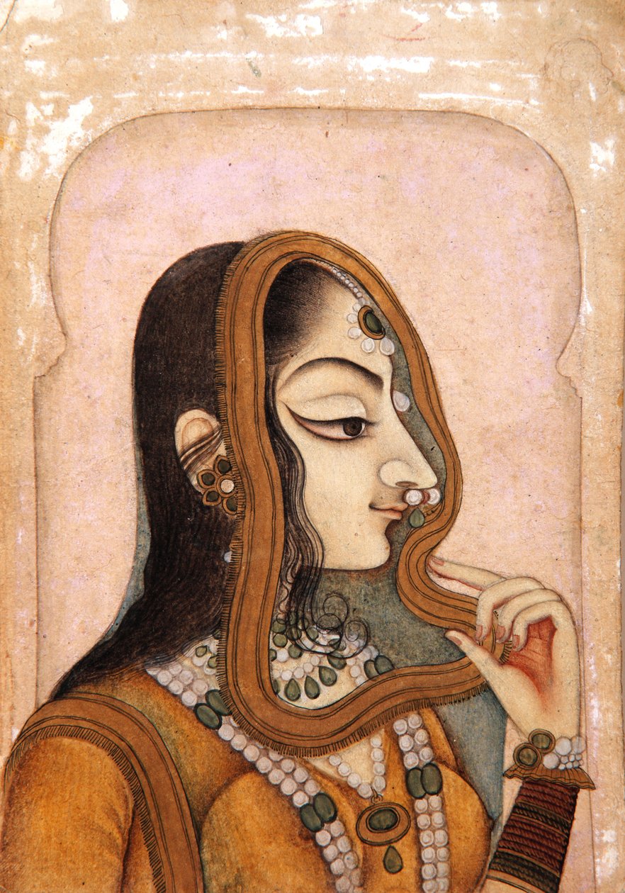Egy gyönyörű nő, boltívvel keretezve, 1800 körül (átlátszatlan wc és arany papíron) alkotó: Indian School